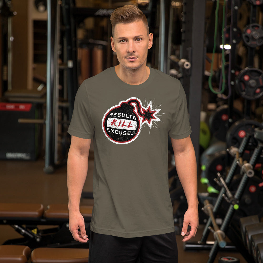 RESULTS KILL EXCUSES "BOMBS AWAY" MENS T-SHIRT