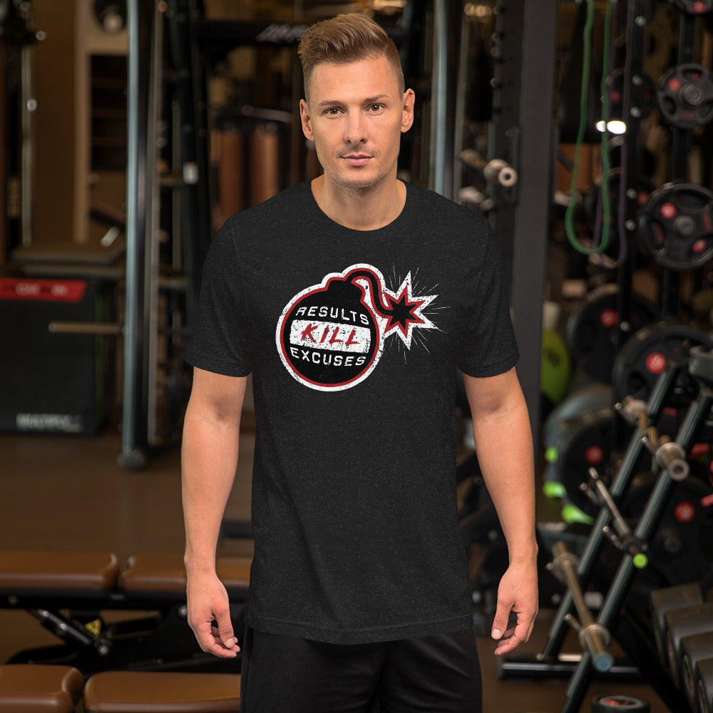 RESULTS KILL EXCUSES "BOMBS AWAY" MENS T-SHIRT